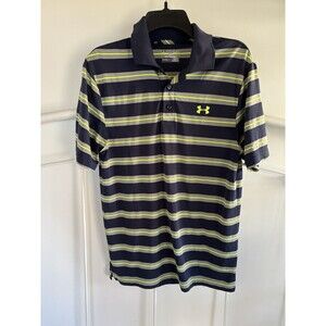 Men's Under Armour UA Small Navy blue And Lime Green Stripe Golf Polo Shirt EUC